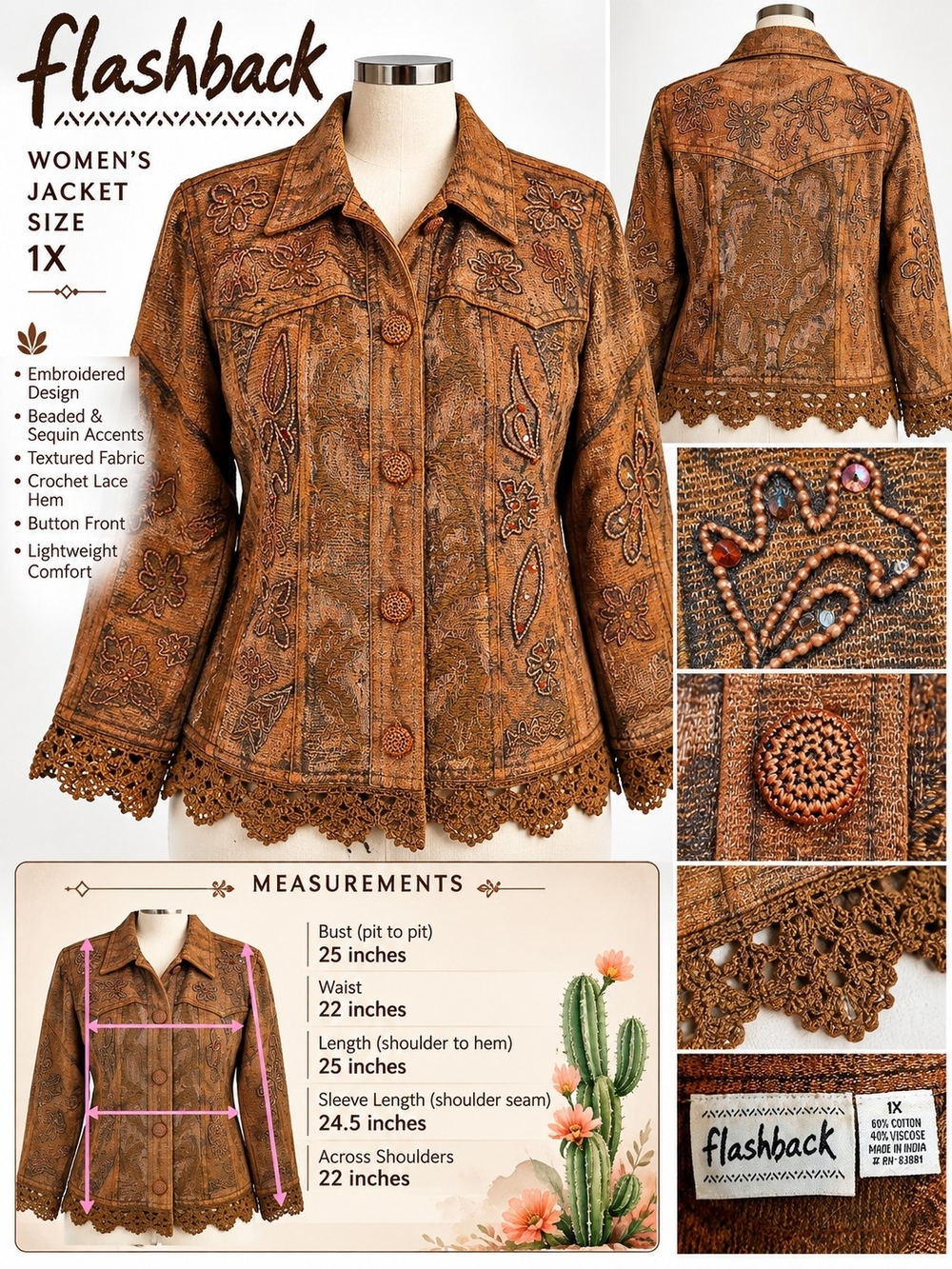 Flashback Women's Embroidered Crochet-Hem Jean Jacket — Rust Brown